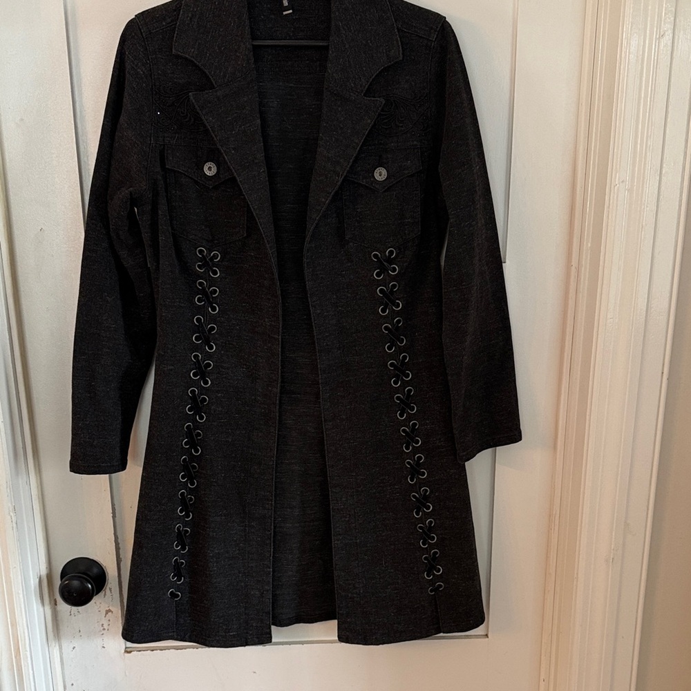 Chic Black Women's fitted flare open front duster with leather lace Detailing